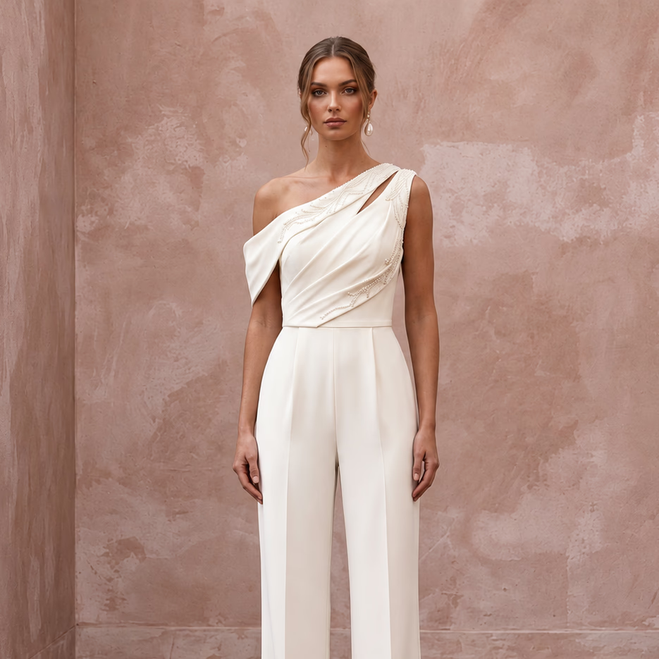 Contemporary Cream Draped Crepe Bridal Jumpsuit for After-Party