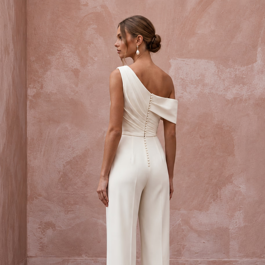 Contemporary Cream Draped Crepe Bridal Jumpsuit for After-Party