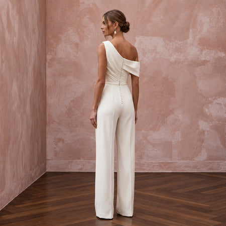 Contemporary Cream Draped Crepe Bridal Jumpsuit for After-Party