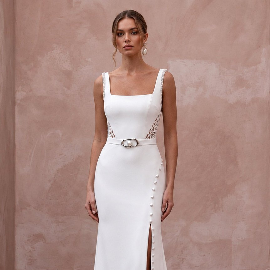 Contemporary Crepe Bridal Gown with Square Neckline