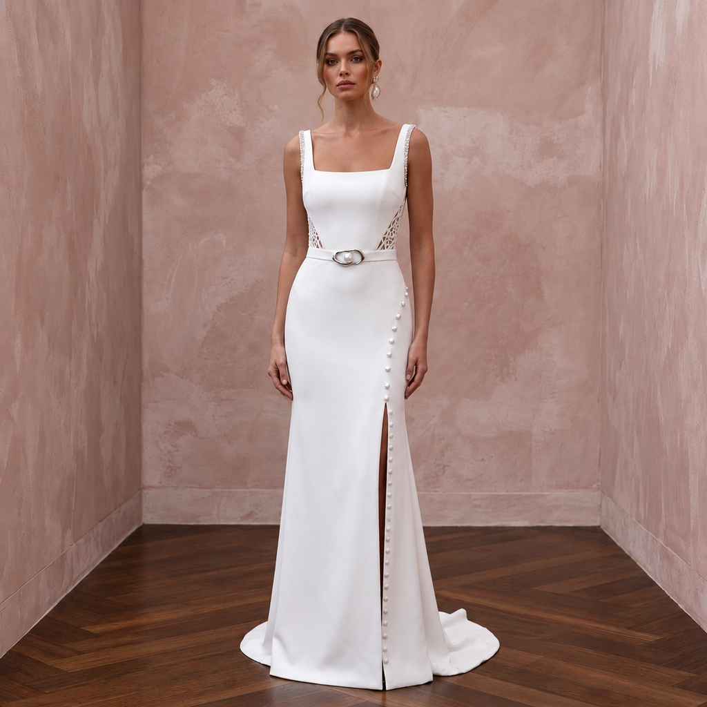 Contemporary Crepe Bridal Gown with Square Neckline