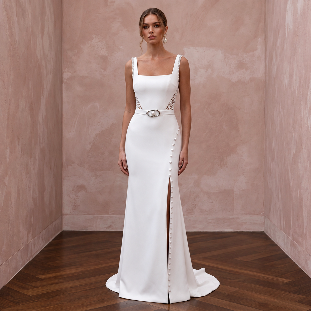 Contemporary Crepe Bridal Gown with Square Neckline
