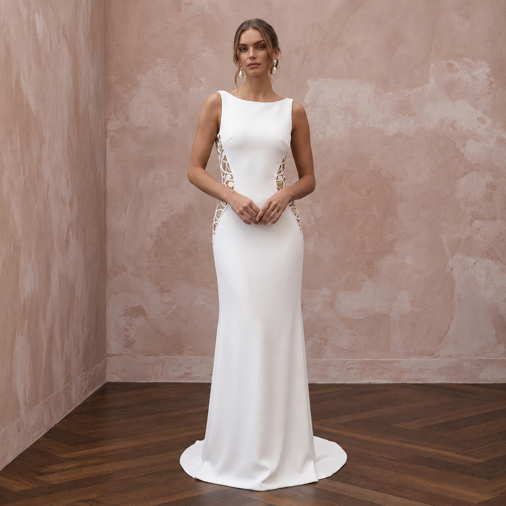 Contemporary Crepe Wedding Dress with Open Back