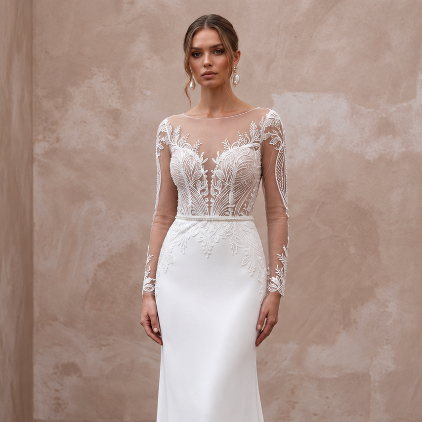 Contemporary Lace Bridal Dress with Illusion Bodice