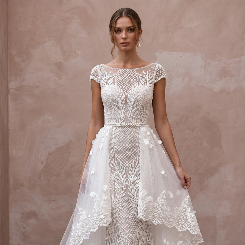 Contemporary Lace Wedding Dress with High-Low Overskirt