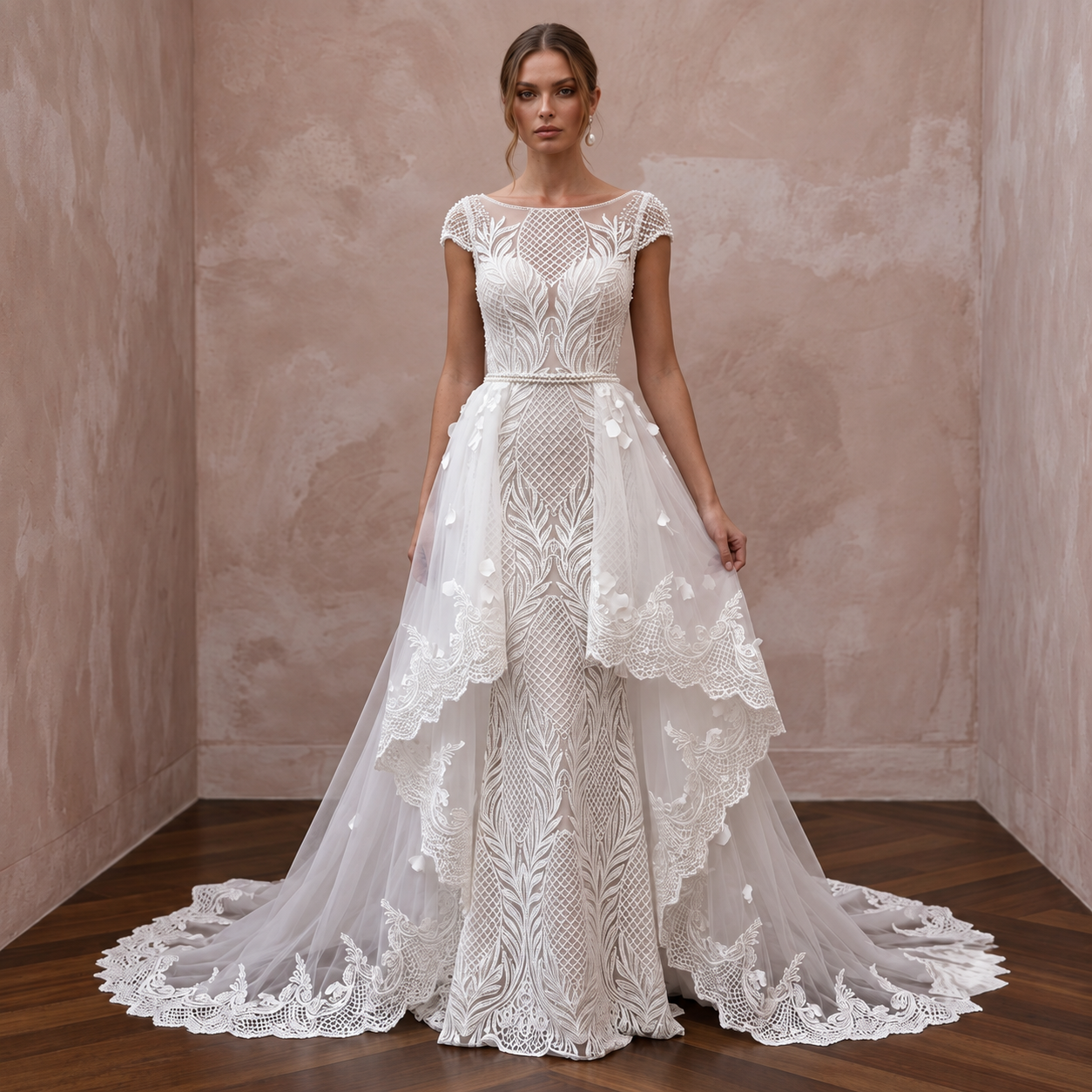 Contemporary Lace Wedding Dress with High-Low Overskirt Main image