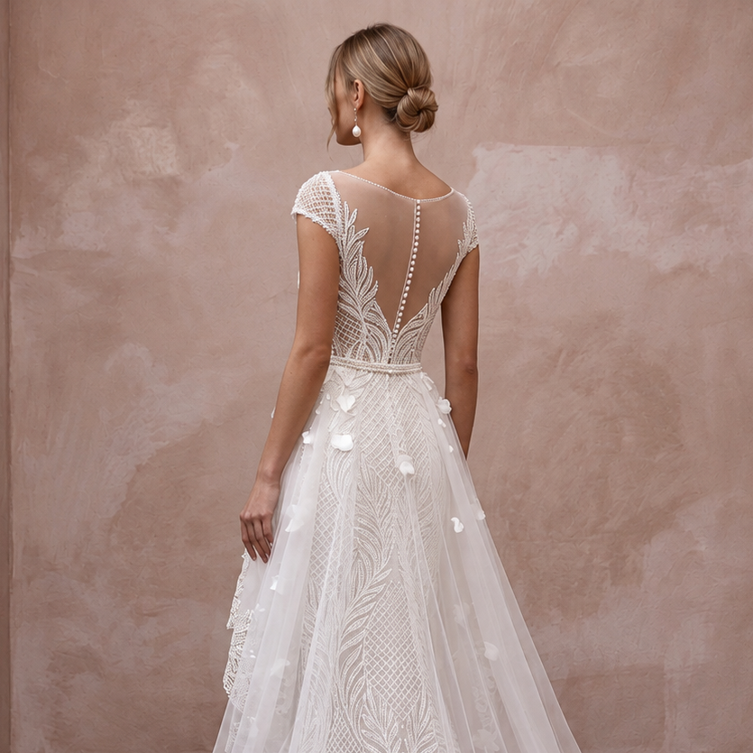 Contemporary Lace Wedding Dress with High-Low Overskirt