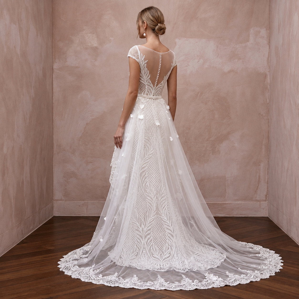 Contemporary Lace Wedding Dress with High-Low Overskirt Secondary image