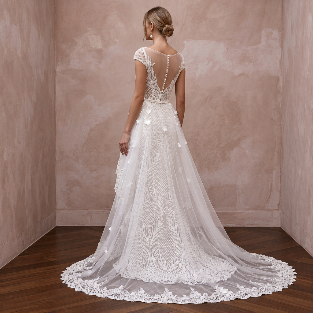 Contemporary Lace Wedding Dress with High-Low Overskirt