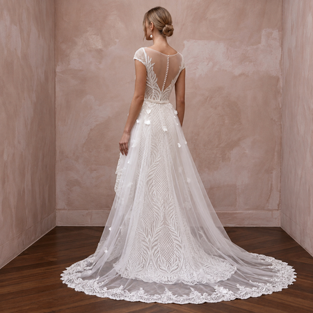 Contemporary Lace Wedding Dress with High-Low Overskirt