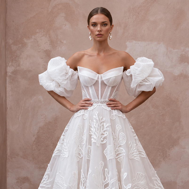 Contemporary Organza Bridal Dress with Puff Sleeves