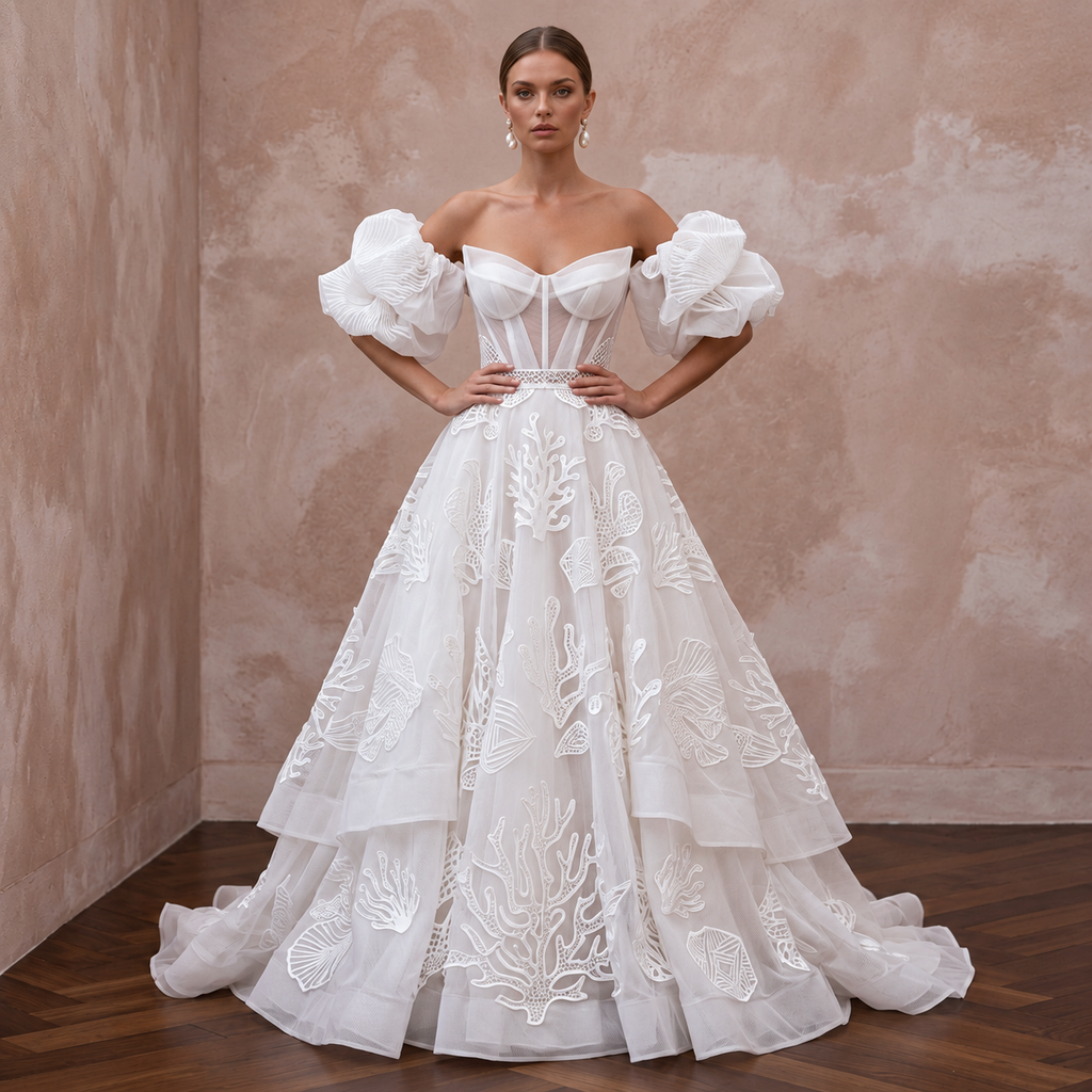 Contemporary Organza Bridal Dress with Puff Sleeves