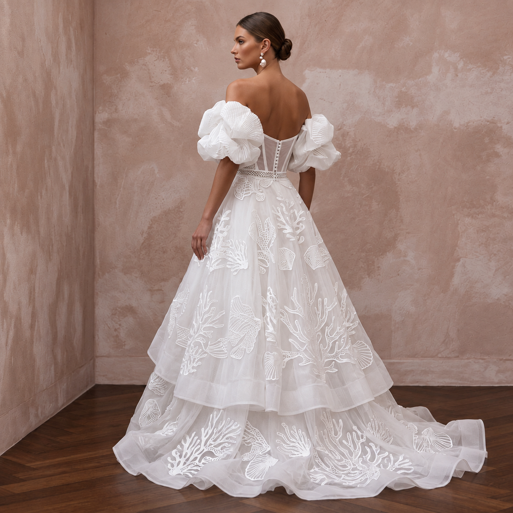 Contemporary Organza Bridal Dress with Puff Sleeves