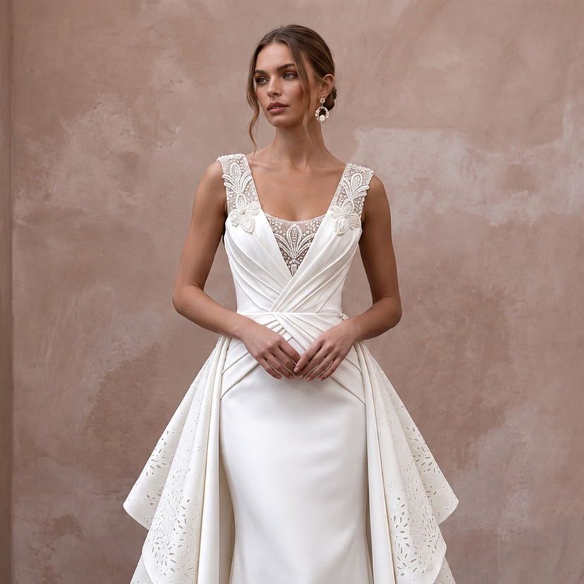 Contemporary Satin Bridal Dress with Detachable Train