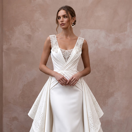 Contemporary Satin Bridal Dress with Detachable Train