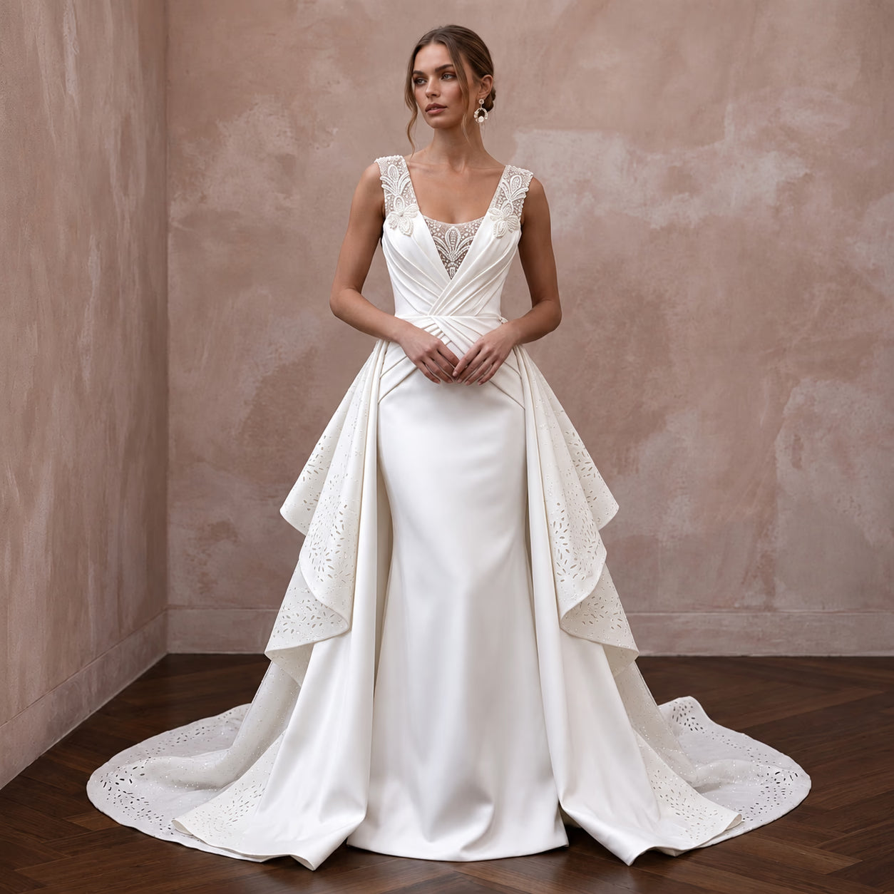 Contemporary Satin Bridal Dress with Detachable Train