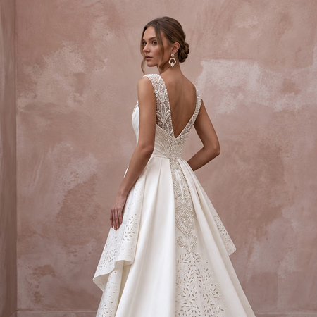 Contemporary Satin Bridal Dress with Detachable Train
