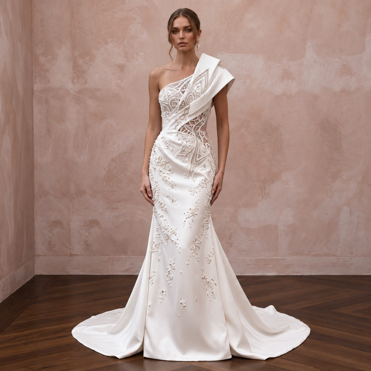 Contemporary Satin Wedding Gown with One-Shoulder Neckline Main image
