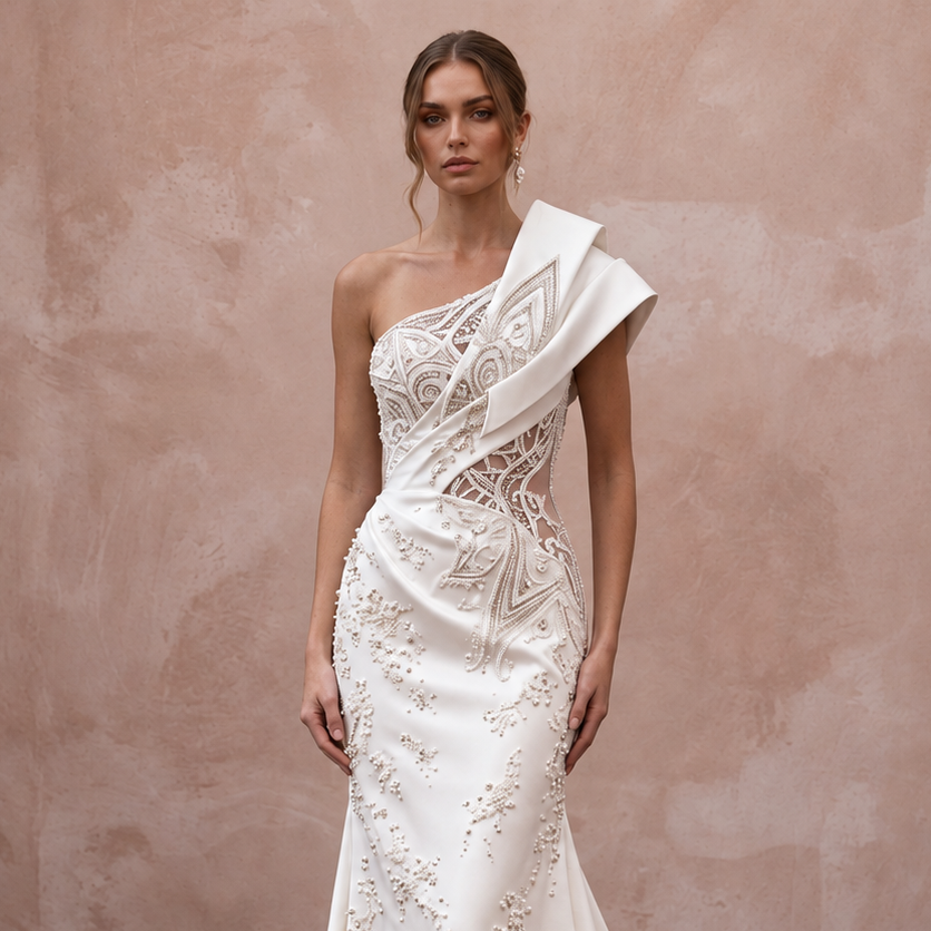 Contemporary Satin Wedding Gown with One-Shoulder Neckline
