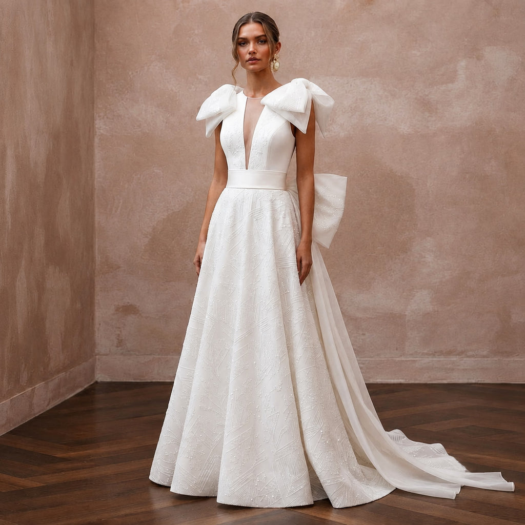 Contemporary Wedding Dresses with Dramatic Bow Details - Apparel & Accessories > Clothing > Wedding & Bridal Party Dresses > Wedding Dresses - Mignonette