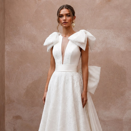 Contemporary Wedding Dresses with Dramatic Bow Details - Apparel & Accessories > Clothing > Wedding & Bridal Party Dresses > Wedding Dresses - Mignonette