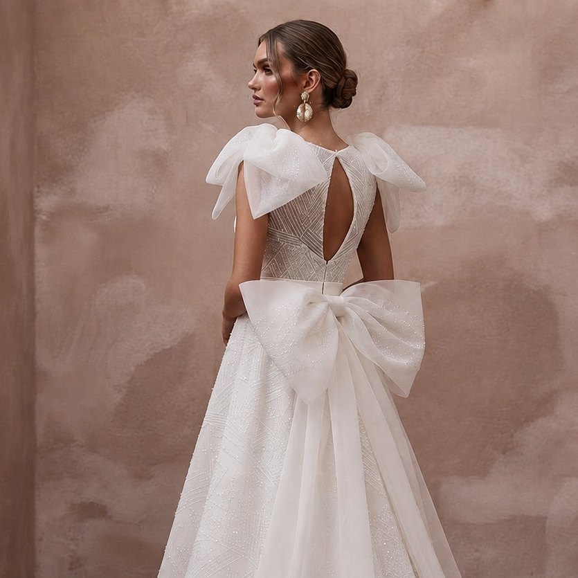 Contemporary Wedding Dresses with Dramatic Bow Details - Apparel & Accessories > Clothing > Wedding & Bridal Party Dresses > Wedding Dresses - Mignonette