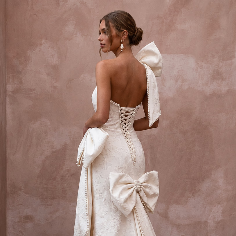 Contemporary Wedding Dresses with Oversized Bow Details - Apparel & Accessories > Clothing > Wedding & Bridal Party Dresses > Wedding Dresses - Mignonette Bridal