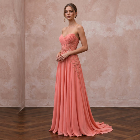 Coral Pink Chiffon Strapless Sweetheart Flowing Formal Dress