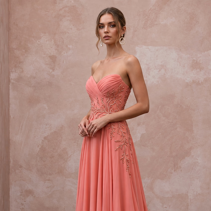 Coral Pink Chiffon Strapless Sweetheart Flowing Formal Dress