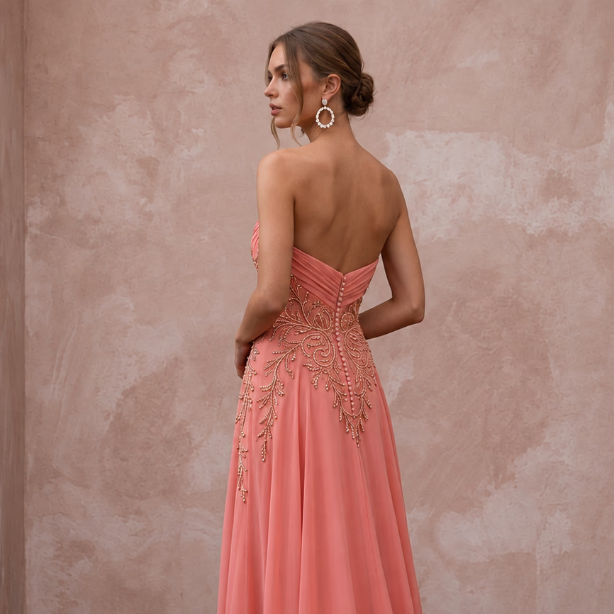 Coral Pink Chiffon Strapless Sweetheart Flowing Formal Dress