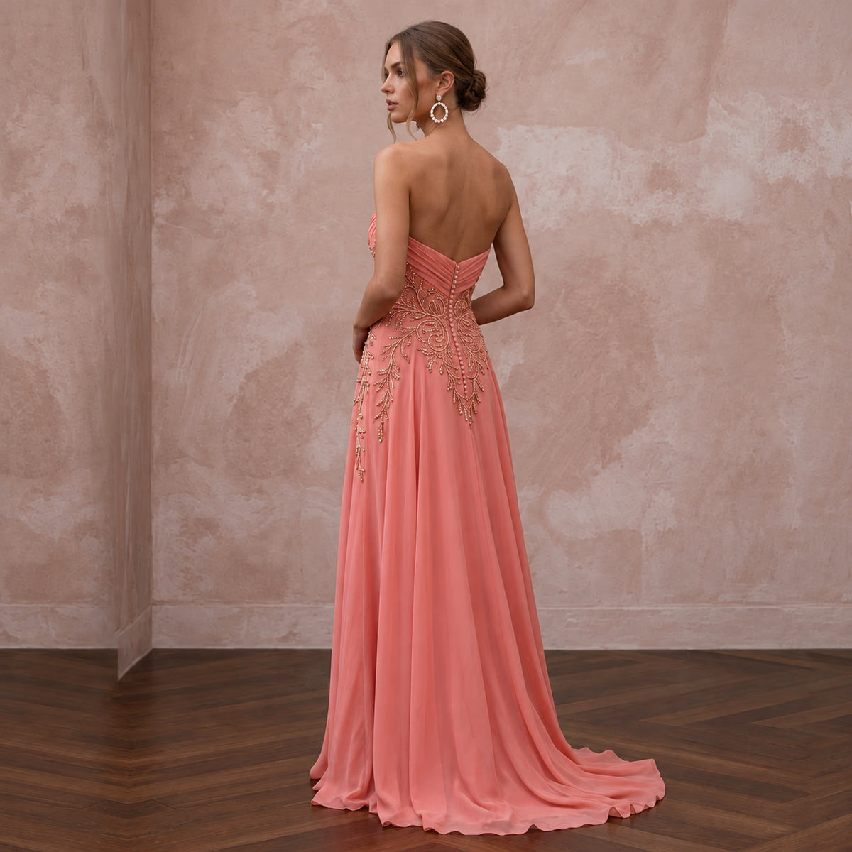 Coral Pink Chiffon Strapless Sweetheart Flowing Formal Dress