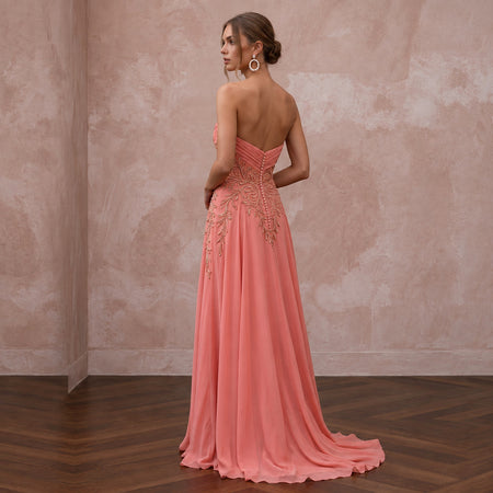 Coral Pink Chiffon Strapless Sweetheart Flowing Formal Dress