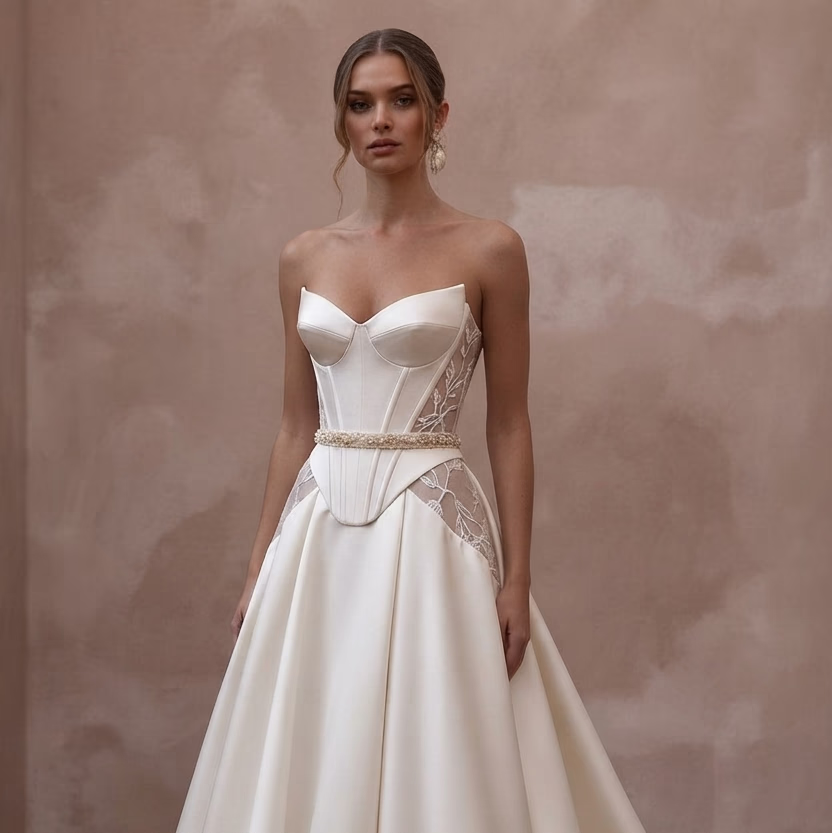 Corset Wedding Dresses with Sculpted Satin Bodices - Apparel & Accessories > Clothing > Wedding & Bridal Party Dresses > Wedding Dresses - Mignonette