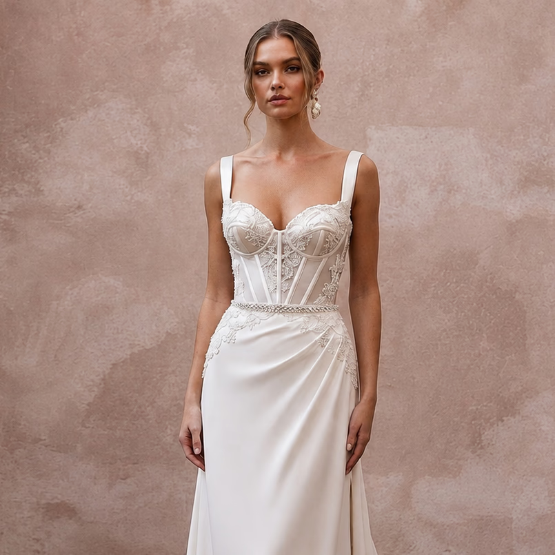 Corset Wedding Dresses with Structured Satin Bodices - Apparel & Accessories > Clothing > Wedding & Bridal Party Dresses > Wedding Dresses - Mignonette Bridal