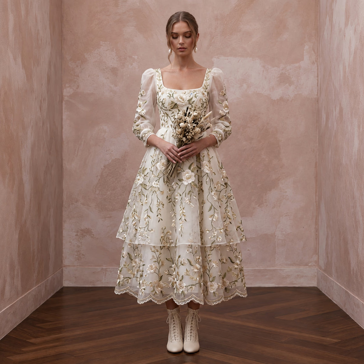Cottagecore Cream Floral Embroidered Organza Midi Wedding Dress Main image