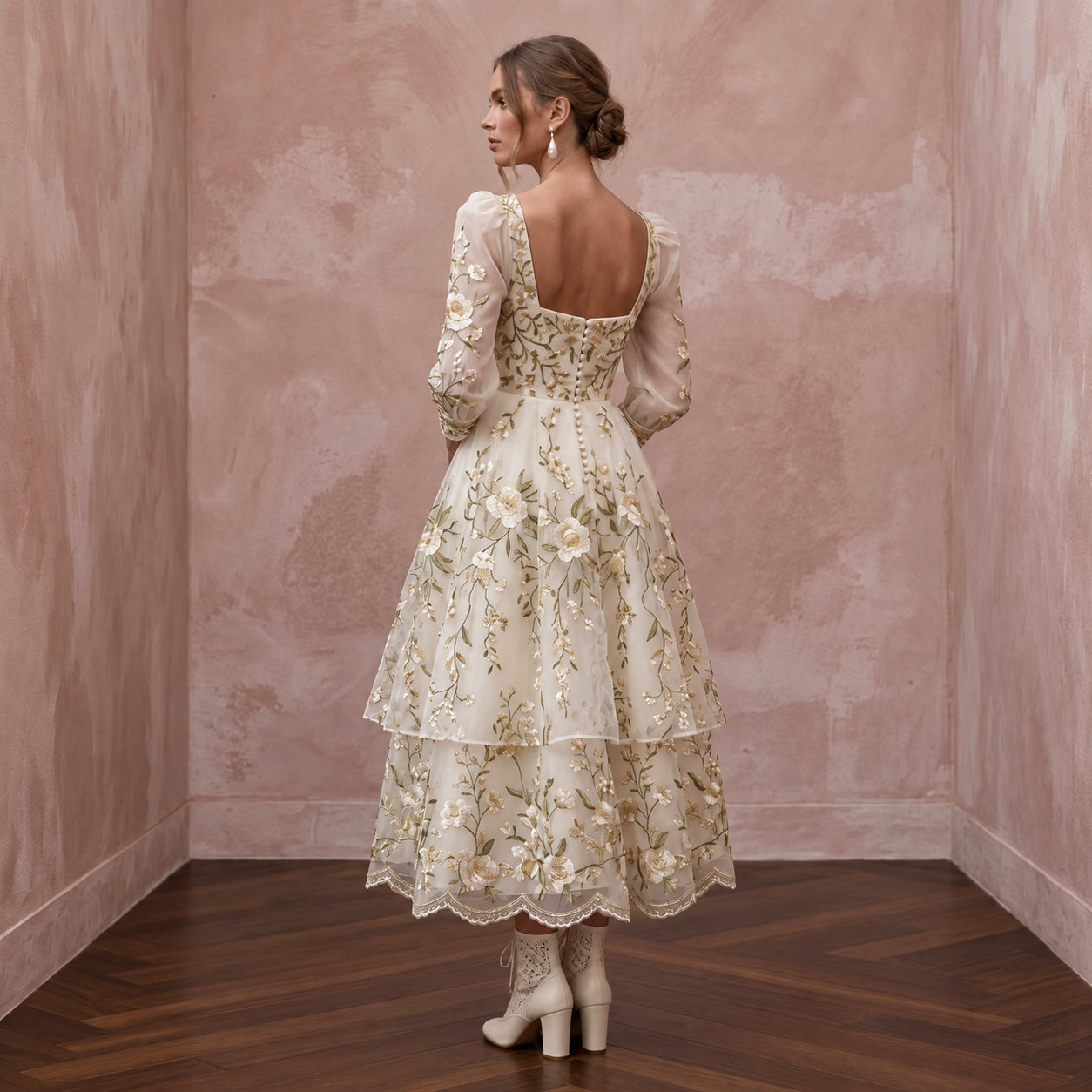 Cottagecore Cream Floral Embroidered Organza Midi Wedding Dress Secondary image