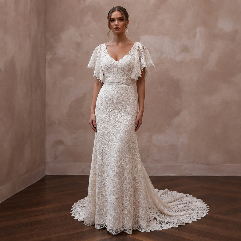 Country-Inspired Lace Bridal Gown with Flutter Sleeves for an Outdoor Wedding