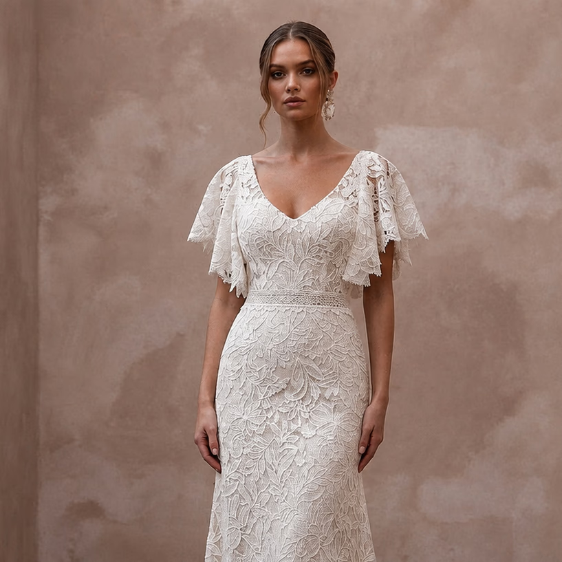 Country-Inspired Lace Bridal Gown with Flutter Sleeves for an Outdoor Wedding