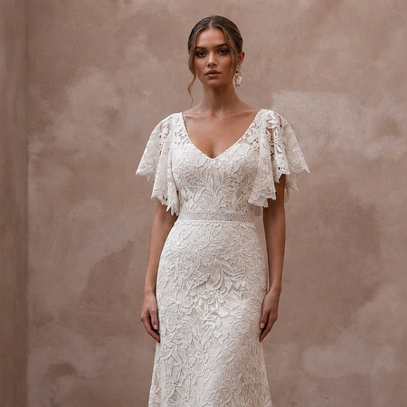Country-Inspired Lace Bridal Gown with Flutter Sleeves for an Outdoor Wedding
