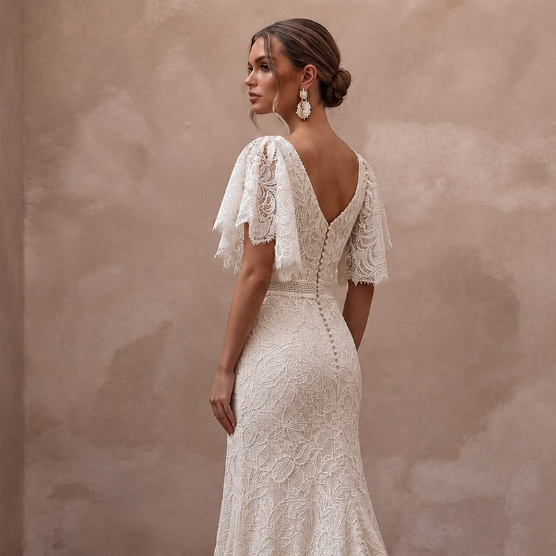 Country-Inspired Lace Bridal Gown with Flutter Sleeves for an Outdoor Wedding