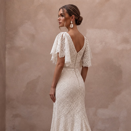 Country-Inspired Lace Bridal Gown with Flutter Sleeves for an Outdoor Wedding