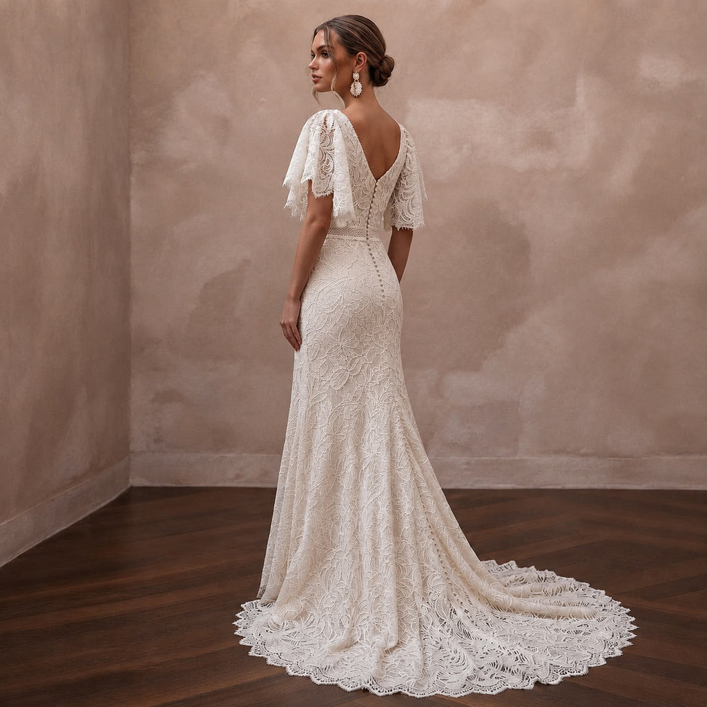Country-Inspired Lace Bridal Gown with Flutter Sleeves for an Outdoor Wedding