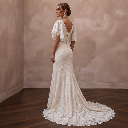 Country-Inspired Lace Bridal Gown with Flutter Sleeves for an Outdoor Wedding