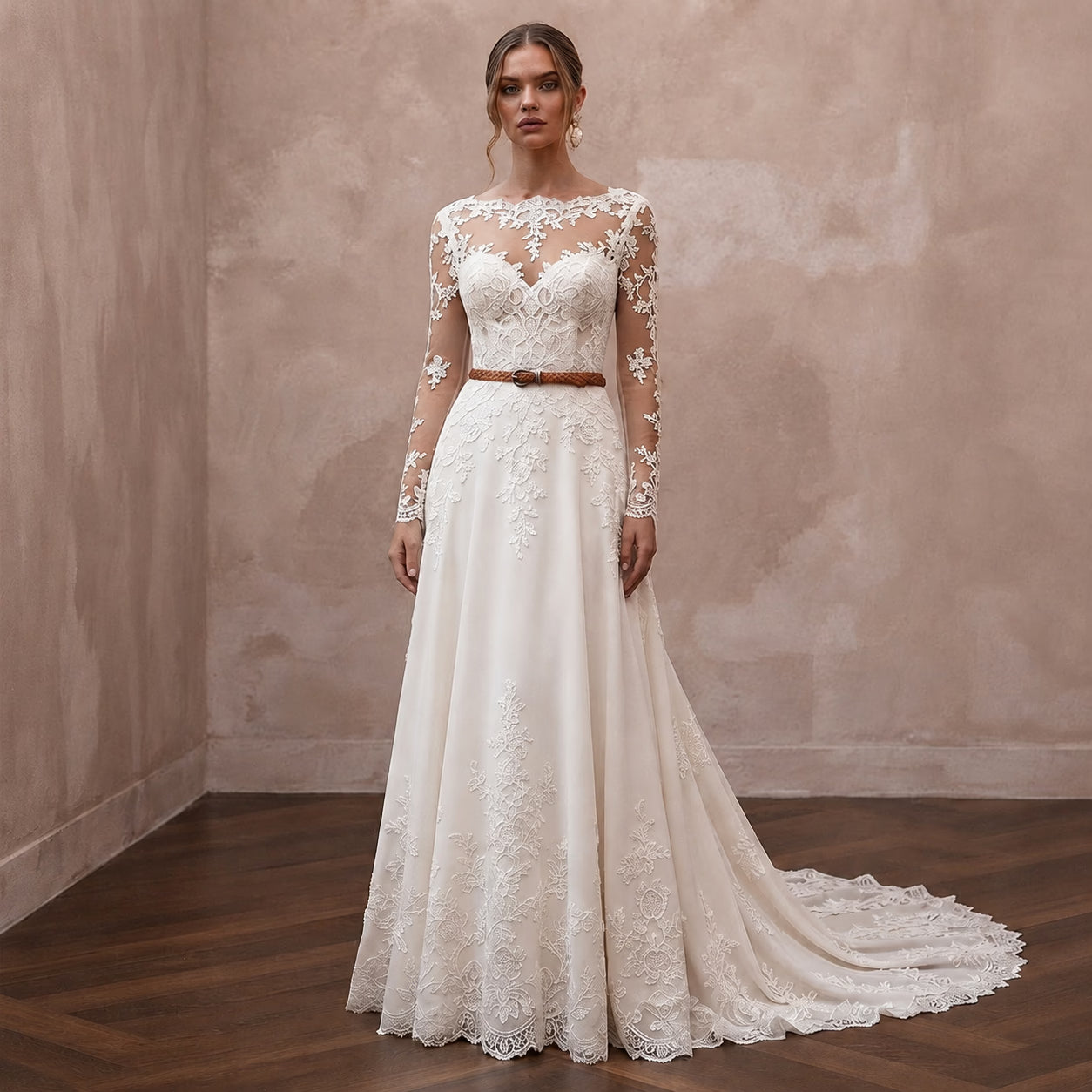 Country Lace Wedding Dress with Long Sleeves for an Outdoor Wedding