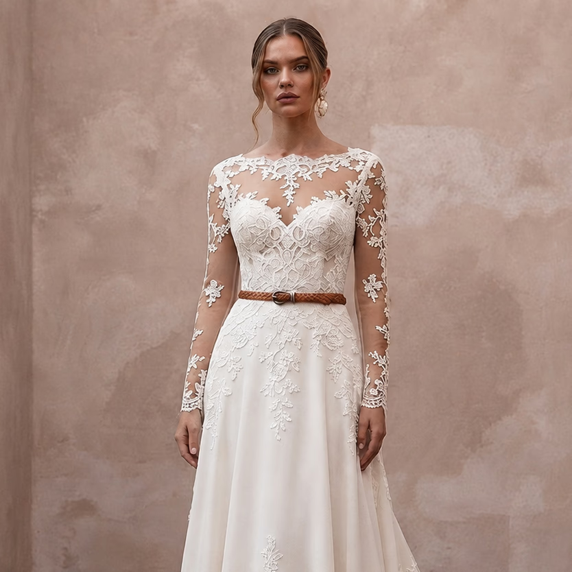 Country Lace Wedding Dress with Long Sleeves for an Outdoor Wedding