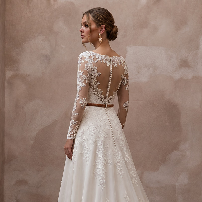 Country Lace Wedding Dress with Long Sleeves for an Outdoor Wedding