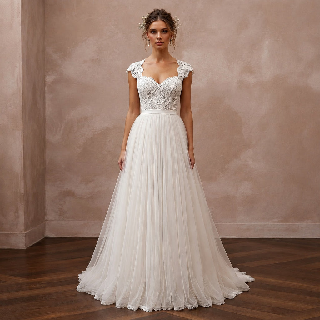 Country Wedding Dress with Tulle Skirt and Lace Bodice - Apparel & Accessories > Clothing > Wedding & Bridal Party Dresses > Wedding Dresses - Mignonette Bridal