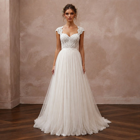 Country Wedding Dress with Tulle Skirt and Lace Bodice - Apparel & Accessories > Clothing > Wedding & Bridal Party Dresses > Wedding Dresses - Mignonette Bridal