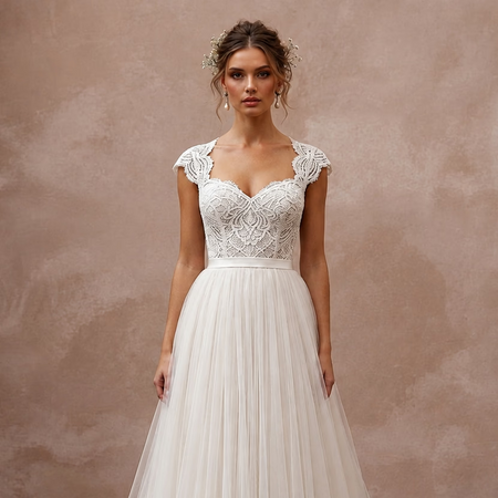 Country Wedding Dress with Tulle Skirt and Lace Bodice - Apparel & Accessories > Clothing > Wedding & Bridal Party Dresses > Wedding Dresses - Mignonette Bridal