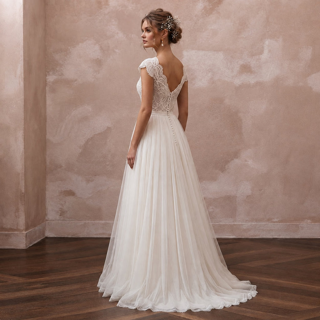 Country Wedding Dress with Tulle Skirt and Lace Bodice - Apparel & Accessories > Clothing > Wedding & Bridal Party Dresses > Wedding Dresses - Mignonette Bridal